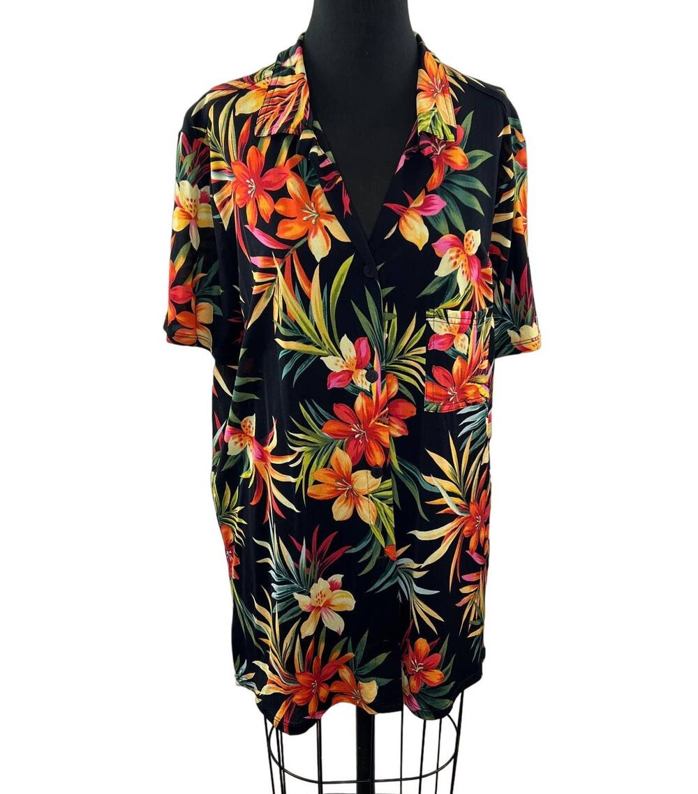 Miraclesuit Black M Top Floral Print Button-Up Collared Short Sleeve Cover Up